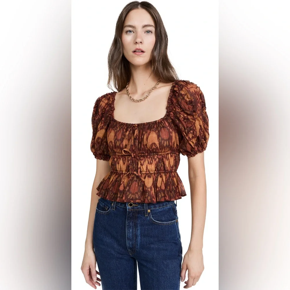 NWT Ulla Johnson Medha Top in Ember Peplum Puff Sleeves Ruffle Metallic